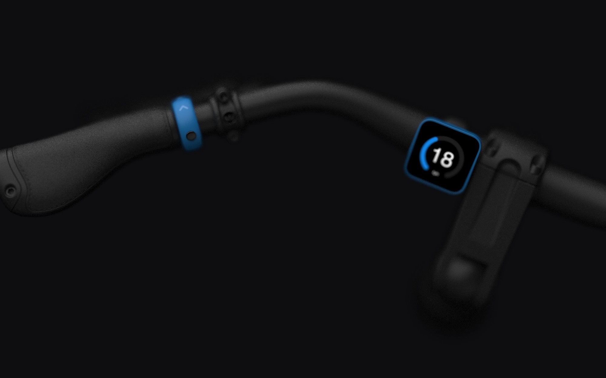 Sam Broadbent’s render of the QWIC console: a display on the stem and a blue ring of controls on the grip