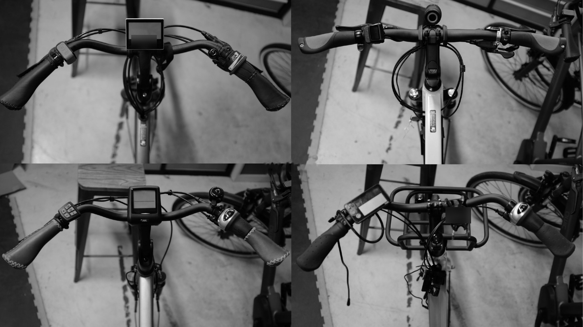 Four of the consoles QWIC’s bikes shipped with: each supplier’s own screen, buttons and behaviour.